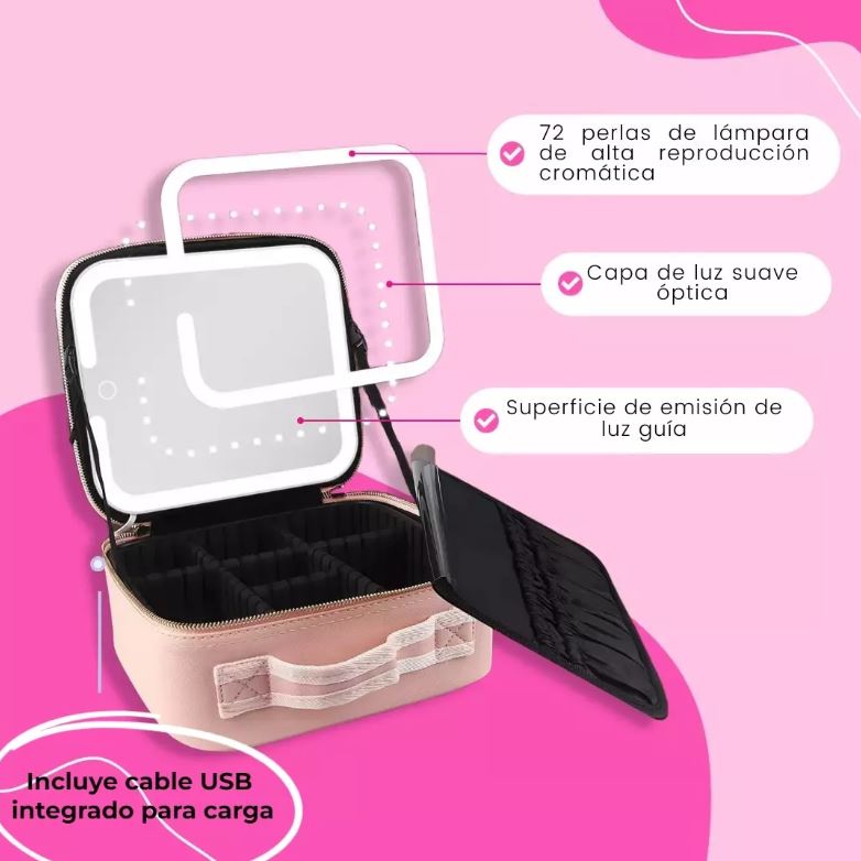 Bolso Maquillaje Con Espejo y Luz LED - 3 Tonos de Luz - Recargable - Función Táctil