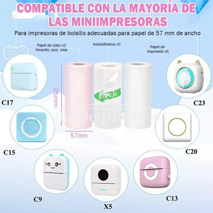 Set 5 Rollos de Papel Blanco Adhesivo para Mini Impresora